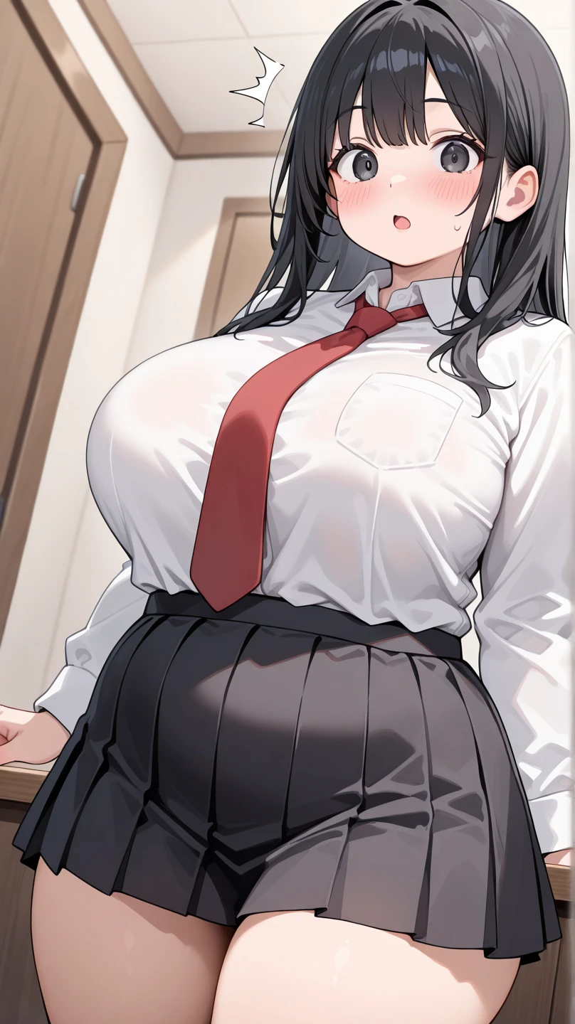 (Ultra Masterpiece), Best quality, OverDetailed, Ultra-Detailed, Digital Art, Detailed Face, (18K++, HD+), (Hyper-Detailed Eyes:1.3), (Absurdres:1.3), (Skindentation: 1.2), (Realism: 1.25), (Best shadow: 1.25), (Anime:1.3); [Sultry eyes, /(Masodere face)/, /(Masodere looks)/, (Perfect face)+, (seductive beauty)+, Plump Gyaru, Huge breasts, Very curvy, (dark hair), Long hair, Bracelets, Beautiful hairstyle, (amber eyes), Full lips, (face filled with happiness, sassy expression, blushing), very cute], ((beautiful character design))+, At home; (Clothes details), Professional photo. [(Toned legs, Thick thighs), Big breasts, Ray tracing, (Perfect face)+, Octane render, Hentai realism, good looking shirt, ((white) collared shirt: 1.3), (open clothes), good-looking skirt, ((red) Skirt: 1.2), mini-skirt], At home, Huge breasts, Wide hips, (Shiny skin), (Very healthy body), 1 Female, (bold and assertive pose), (Very sexy+, Gorgeous woman+, young mature woman+), Facing the viewer, (Masodere: 1.4)+