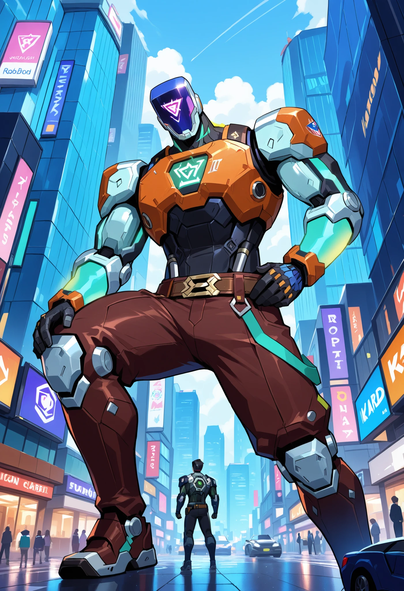 leaning, male, kayo_valorant, robot, muscular, (macro in miniscule city)