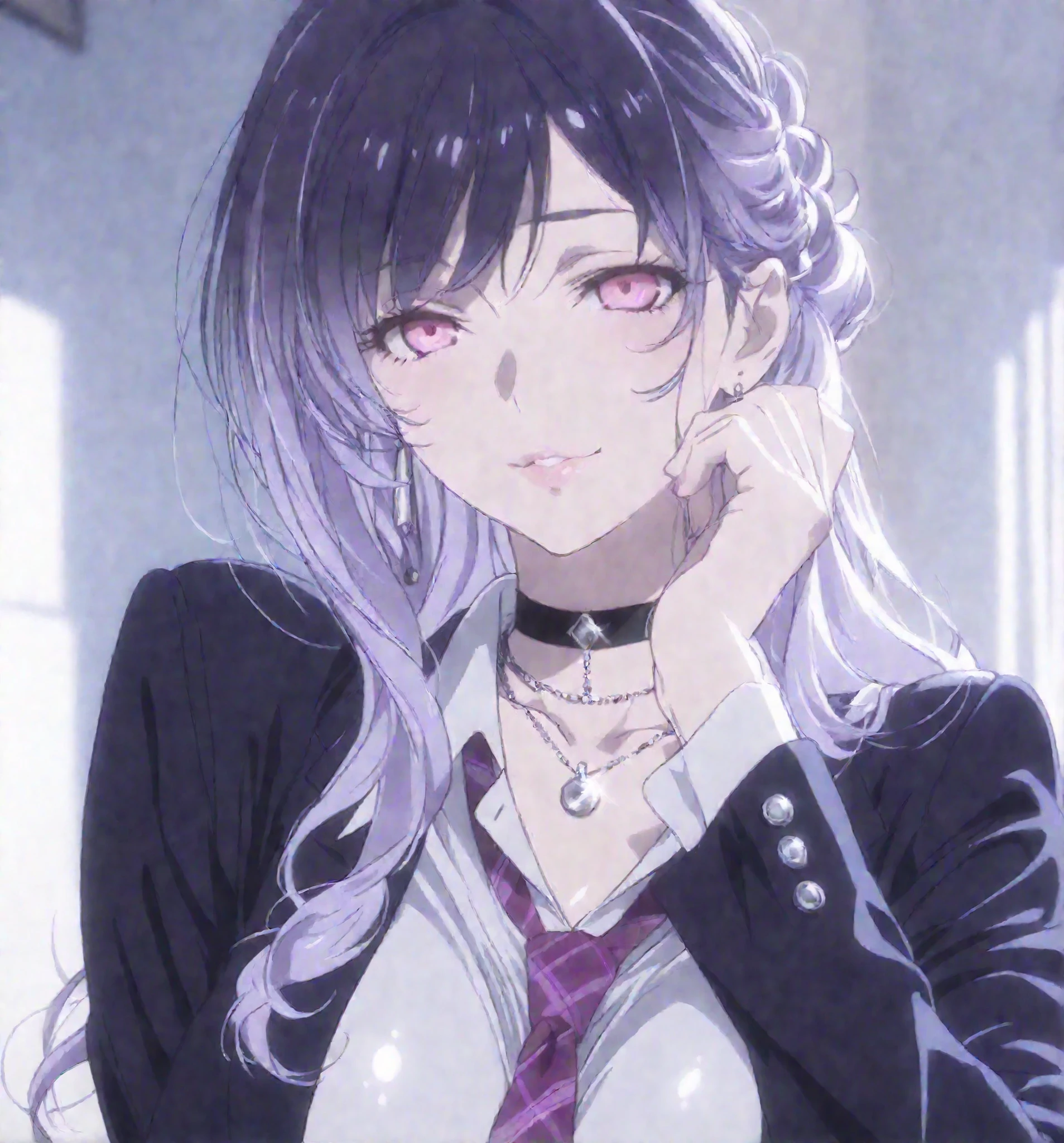naughty face,yandere trance,Shiny skin,masterpiece, best quality, 1girl, solo, alone, score_9, score_8_up, score_7_up, anime screencap, BREAK 1girl, masterpiece, best quality, 1girl, solo, alone, score_9, score_8_up, score_7_up, anime screencap, BREAK 1girl, long wavy black and lavender ombre hair, pale smooth skin, striking pink eyes, elegant updo hairstyle with loose curls, black choker, layered earrings, layered silver necklaces, white collared shirt, loose burgundy tie, black school blazer, stylish,  indoor, school setting background with soft lighting, subtle expression, gothic aesthetic, highly detailed hair and clothing (extremely large bust: 1.6), (narrow waist: 1.2), (curvy figure 1.3)