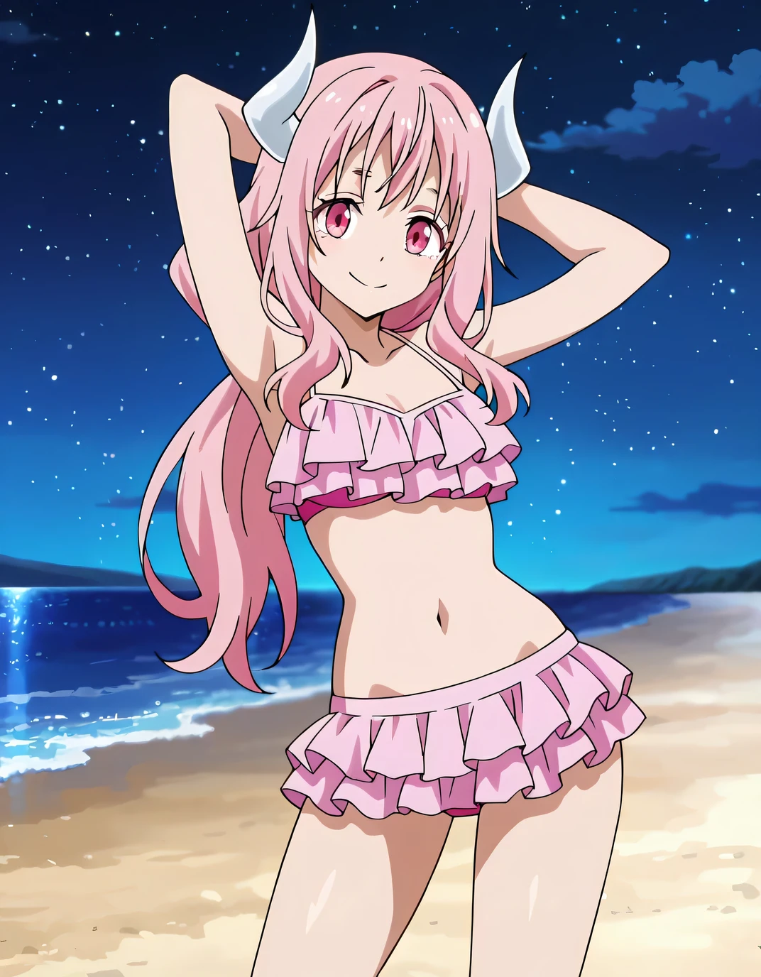 masterpiece, highest quality, 高解picture度，Anime Style、Characters from TenSura、picture、whole body　　　　　　　　　　　　Platinum pink hair（Twin tails:20:1）（Ahoge:1:10）、blue eyes、About 10 years old、smile、The double tooth shines、Bikini、Sandy Beach、Beach parasol、