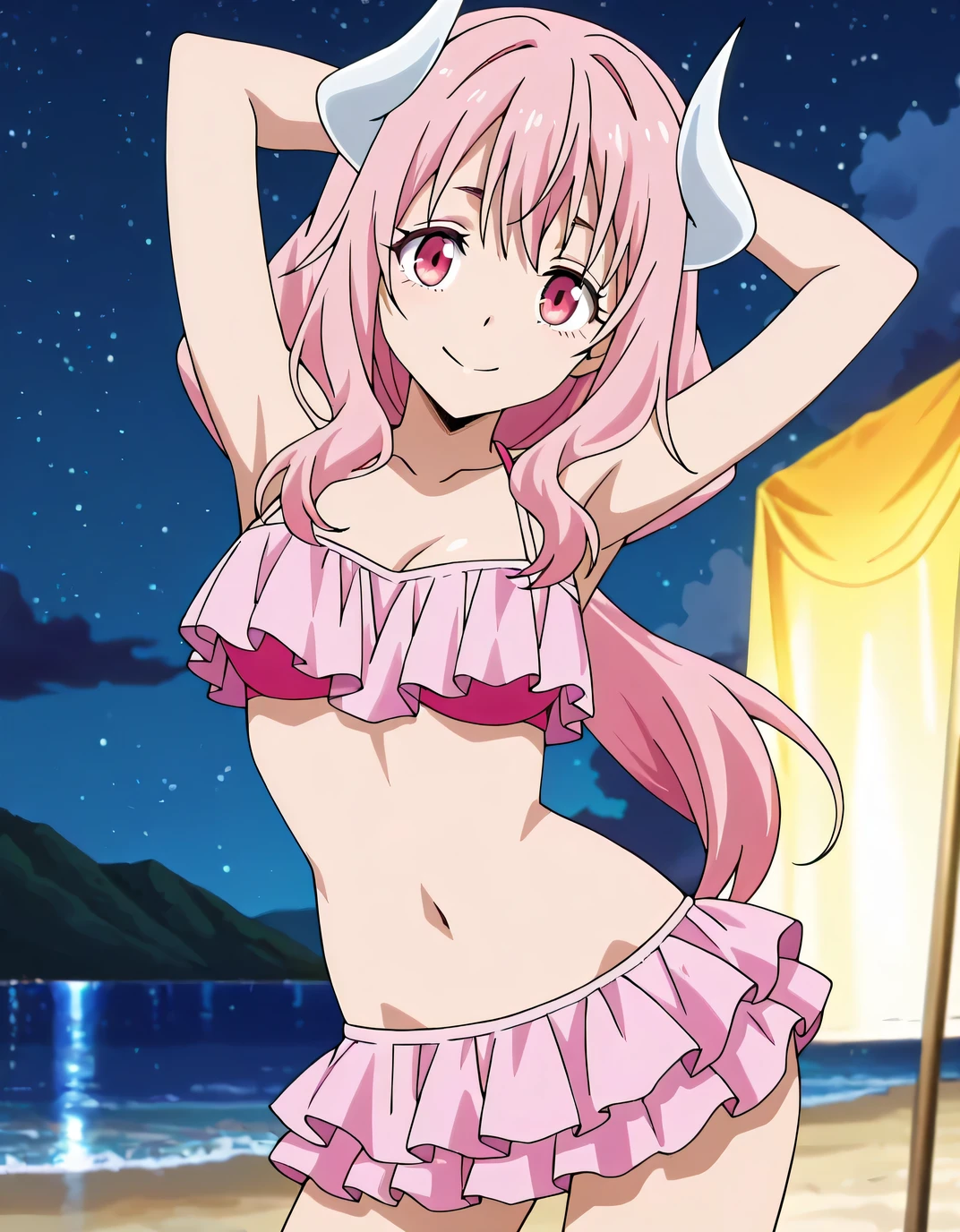 louise, 1girl, solo, long_hair, navel, jewelry, swimsuit, ponytail, pink_hair, bikini, sky, pink_eyes, necklace, flat_chest, bracelet, hand_on_hip, no_humans, night, moon, star_(sky), night_sky, starry_sky, crescent_moon