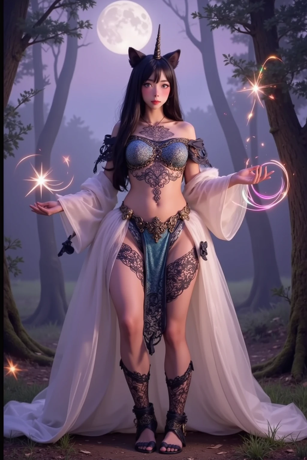 (3d), night, 3/4 shot, ((Cinematic lighting, ethereal lighting coming from sky)) , night, shadows, beautiful girl , busty, thick thighs, curvy, narrow waist, wearing intricate detailed clothes with (criss cross),( navel), mid riff, and shirt, standing in a puddle, ripples, gigantic boobs, particles, particle effect , looking at the viewer, Cleavage , (big beautiful eyes), hyper detailed, small pendant, jewellery, (glitter particles), ((light particles)), ((intricate light and shadows effect)), (highly detailed), extra long cascading hair , colourful hair, (big breasts), ,, mountain, rocks, (((colourful trees)))
