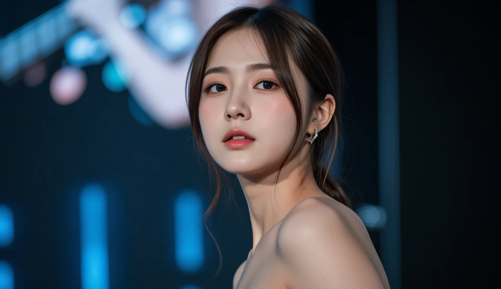 a shoulder-up candid photo of a 20-year-old Korean woman on a real concert stage, photographed with a DSLR, natural lighting, detailed skin texture, soft background blur, minimal or stage makeup, unique facial features, ultra photorealistic, not digital art, not illustration