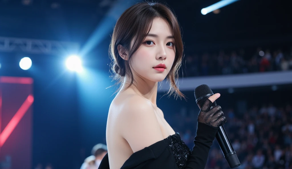 (22 year old Japanese beautiful girl,), (Small breasts,:1.5,),(solo,Textured skin, Detailed skin,Detailed face,Detailed eyes,detailed posing,Natural eyebrows,High detail, Highest quality, Super detailed, Surrealism, ,8k,RAW Photos,Photographicism,Professional Lighting,Ray Tracing,Aperture F1.2,Portrait Photography,Natural Light),(((Black Hair, Natural Makeup,Simple earrings,Bun Hair, Cute Dress,ribbon,))),((Karaoke Box,Singing while holding a microphone with both hands))