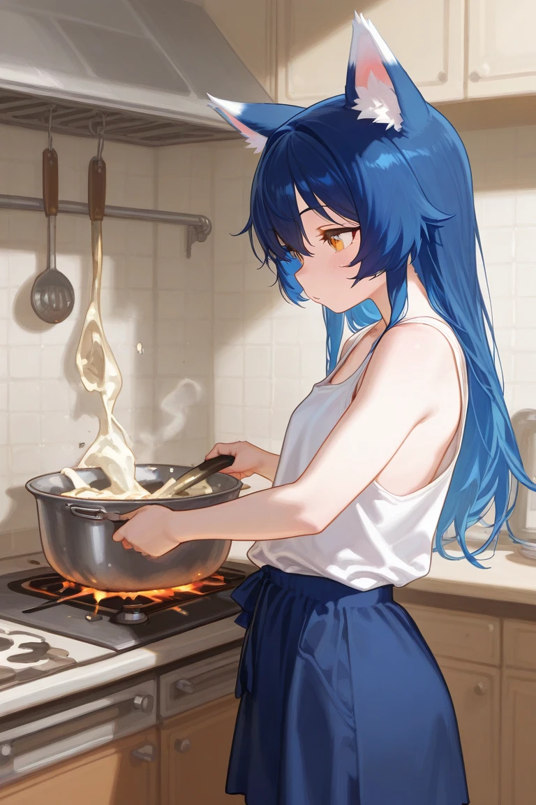 (masterpiece, detailed:1.2, 1girl, cat girl, white fur, amber eyes, blue hair, shoulder width, loose short white tank top, blue skirt, cooking in kitchen, messing kitchen, spilt pots