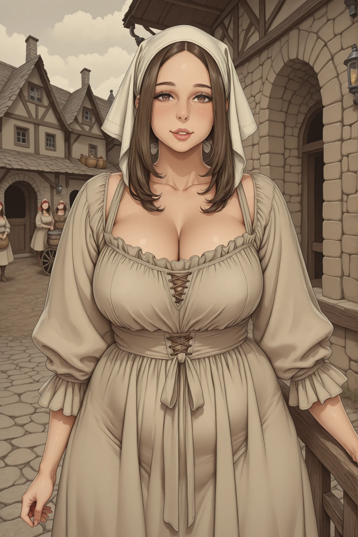 1 plump milf woman, brown hair, parted bangs, head scarf, voluptuous, beige medieval dress, medieval village in background, look at viewer 