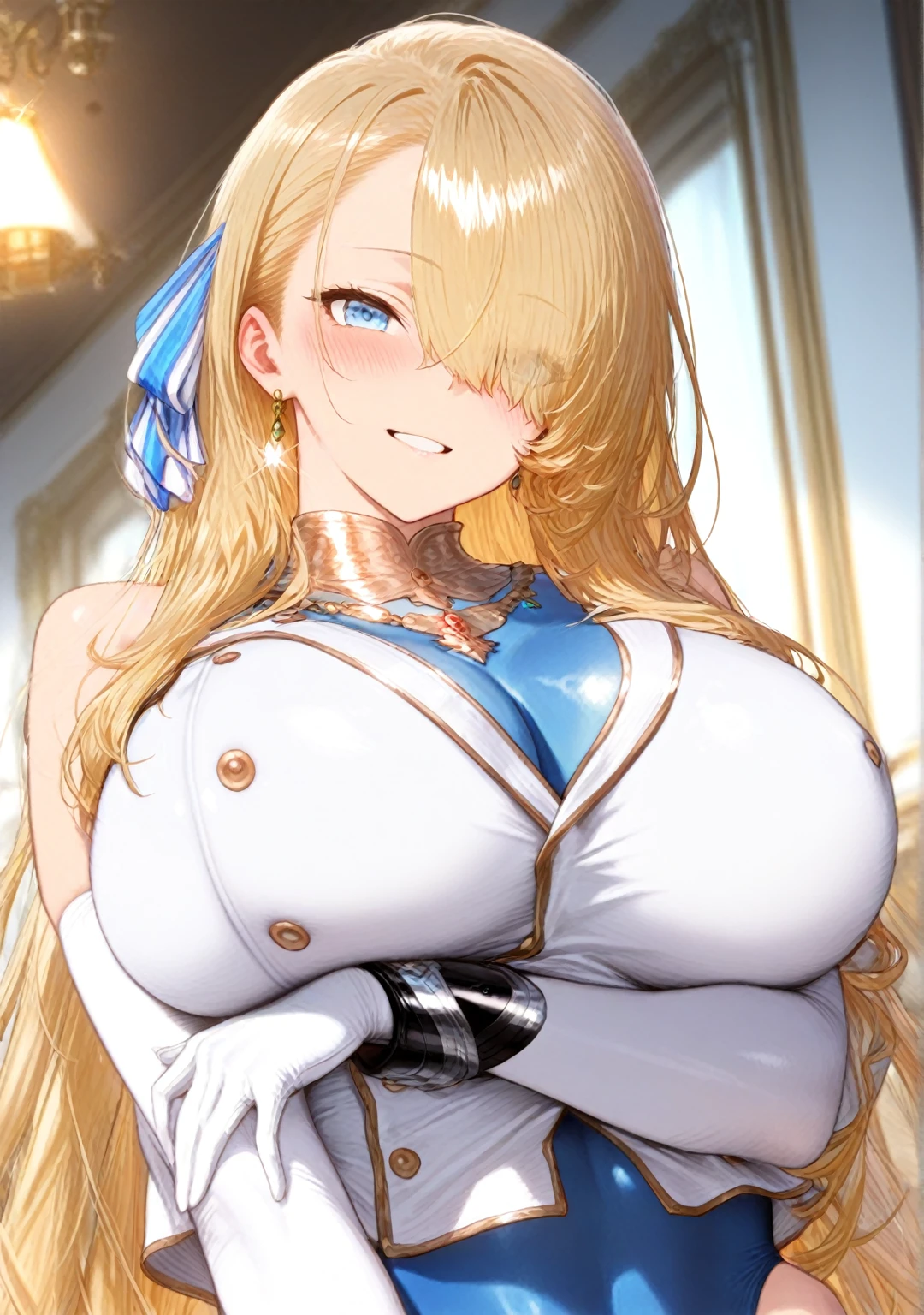 Masterpiece, ultra detail, high quality, 8k cg, huge breast, barbaradef, night, blush, smile, bright eyes, standing, (eyes shining:1.5), detailed upper body, crossed arms,
