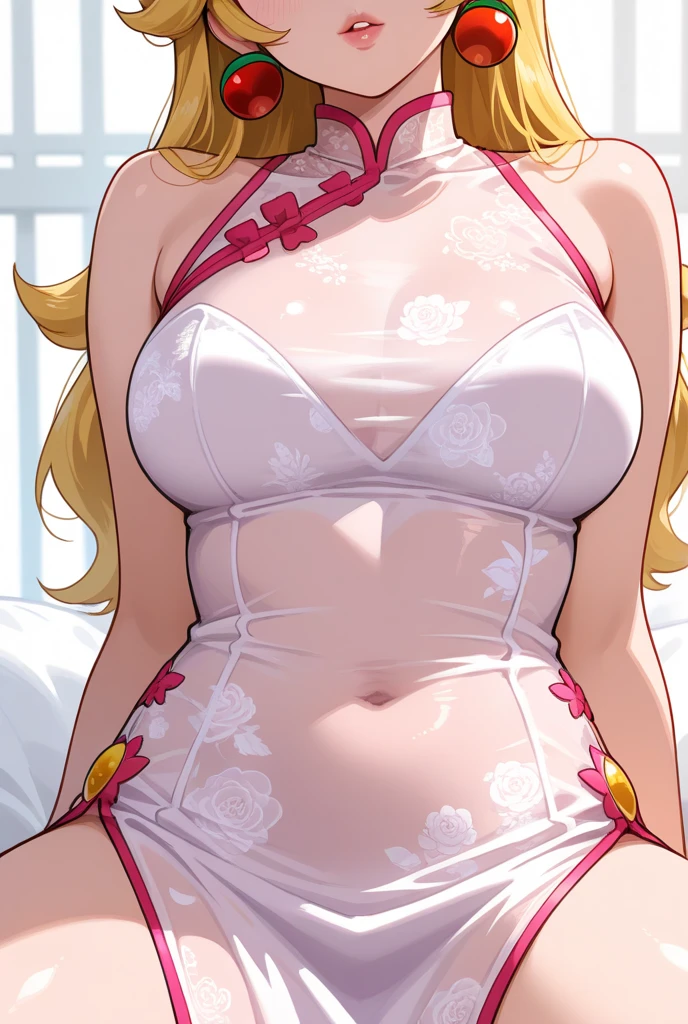 best qulity, 8k,A woman,blonde hair,long way hair,(Double ponytail),High split cheongsam,black silk stocking,(without shoes),(White silk gloves),ear ring,(tattooed),Armpits,A seductive smile,Place one hand behind your head,In the indoor bed,(lifting one leg),(Raise your legs and say horse)