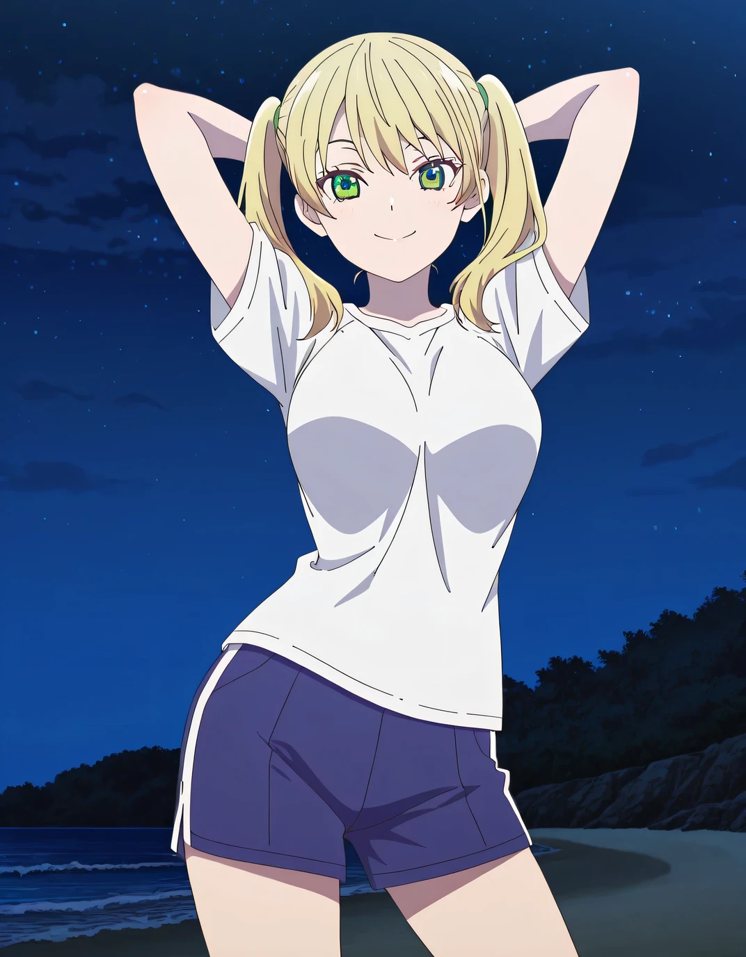 anime girl in jean shorts standing by a pool, an illustration of by Kamagurka, pixiv, shin hanga, smooth anime 2d art, full body sunny weather, wet t shirt, splash, big breasts, black bra showing through shirt
