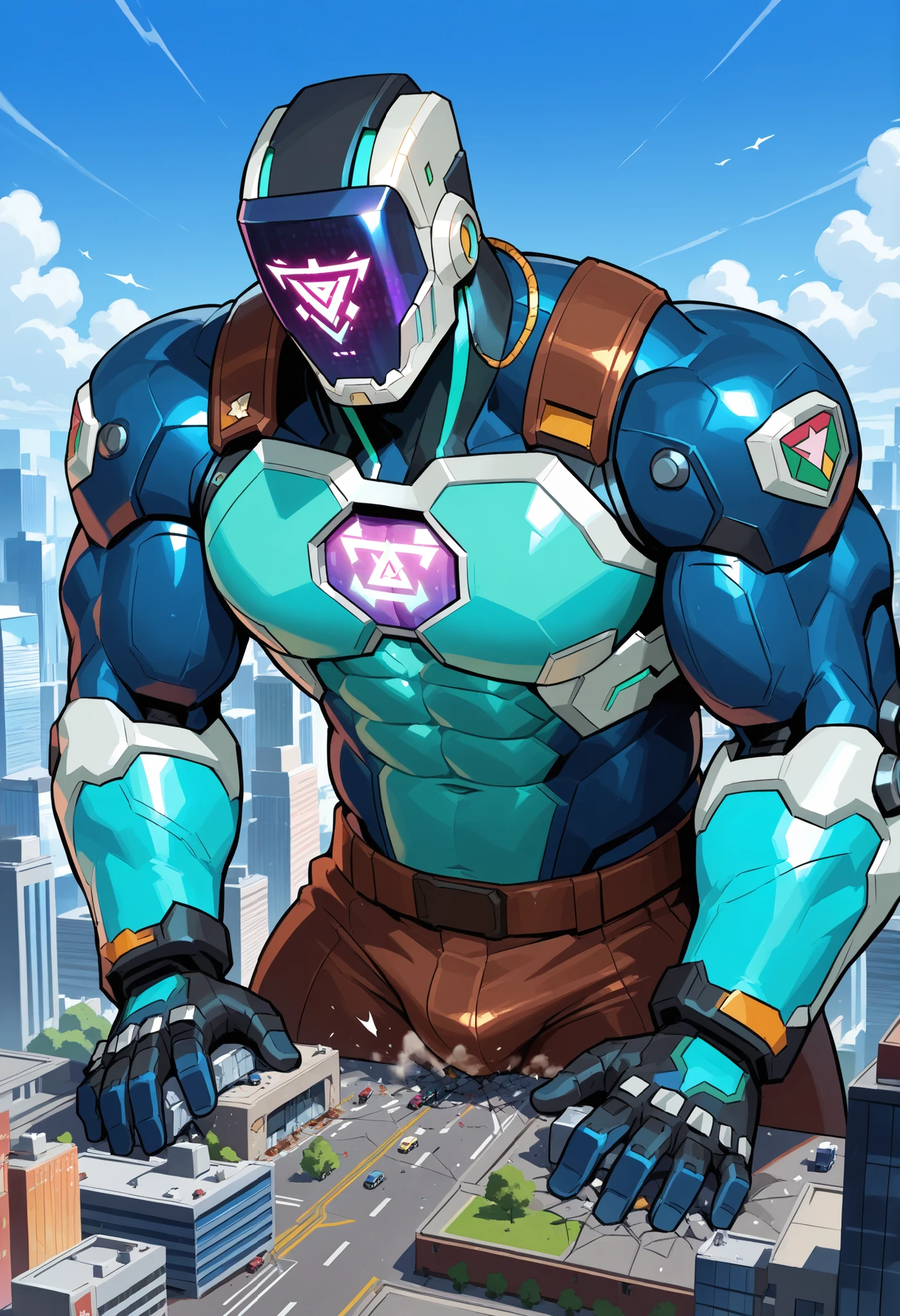 leaning, male, kayo_valorant, robot, bara, muscular, abs, pecs, biceps, (macro in miniscule city), playful destruction