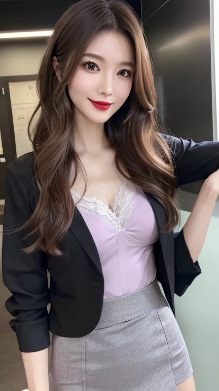 (top-quality、8K、32K、masterpiece、nffsw:1.2)、1girl in、beautiful japanese female、big breasts thin waist、different color suit、Open jacket、Office、desk work、(sit a chair)、((different style of pose))、finerly detailed face、shorth hair, beautiful lace pink panty, realistic render, cute asian 30 years old woman, detailed eyes, real human face, eyeshadow, soft smile,