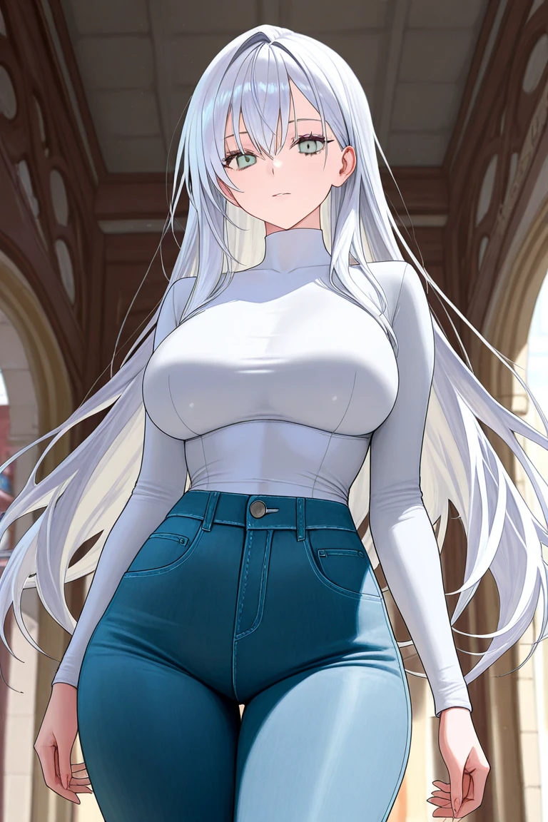 ((masterpiece)),((best quality)),ultra-detailed,illustratio,Explicit,Beautiful body,Beautiful Nose,Beautiful character design,perfect eyes,perfect face,wallpaper,ultra highres,4K,photography,(Beautiful,normal breasts:1.2),(beautiful face:1.2),beautiful legs,perfect legs,shiny skin,nsfw,official style,official arts,anime screencap,anime coloring,
1girl, solo, long hair, white hair, closed eyes,hair ornament, cleavage,denim, pants, tied shirt, shirt, midriff, jeans,looking at viewer, navel, holding, collarbone, front-tie top, bag, hair between eyes, standing, frown, white shirt,full body,<lora:Chloe Chronicle:0.7> ,outdoor,Blue sky,White cloud,mature female,