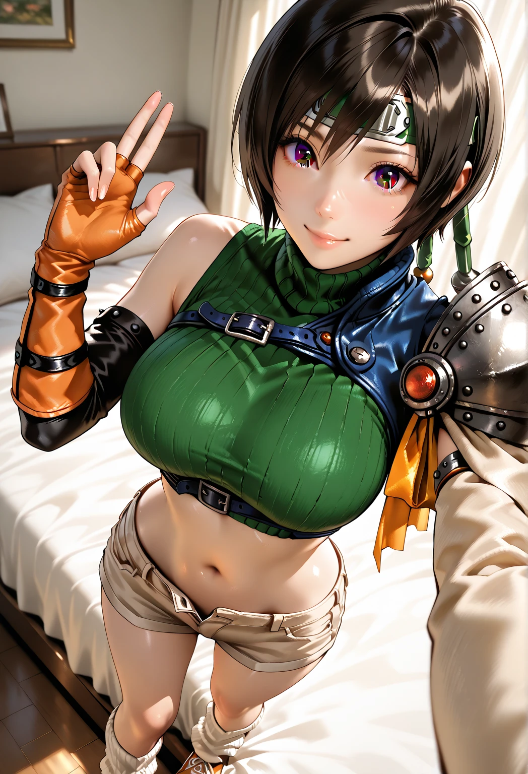 (masterpiece, 最high quality:1.4), (Future Day), (Spread legs:1.5), (whole body), (from the front), (One girl), alone, (European youth:1), One girl, short hair, Headband Belly Button, No sleeve, turtleneck, Brown eyes, No sleeve turtleneck, ,alone, chest, View Viewer, Sexy smile, gloves, Crop top, Brown Hair, bottomless, abdomen, armor, sweater, Open Fly, fingerless gloves, ribbed sweater, medium chest, yufi_Kisaragi_01, girlhyperRealistic, Skin with attention to detail, Digital SLR, Soft lighting, high quality, Highly detailed face, Highly detailed skin, Skin pores, Scattered beneath the surface, Realistic pupils, Middle chest, Blush all over face, Fuller lips, Detailed Background, Depth of written boundary, Volumetric lighting, Sharp focus, Absurd, Realistic proportions, Excellent anatomy, (Realistic, hyperRealistic:1.4), 16K HDR,restrained,tentacle pit