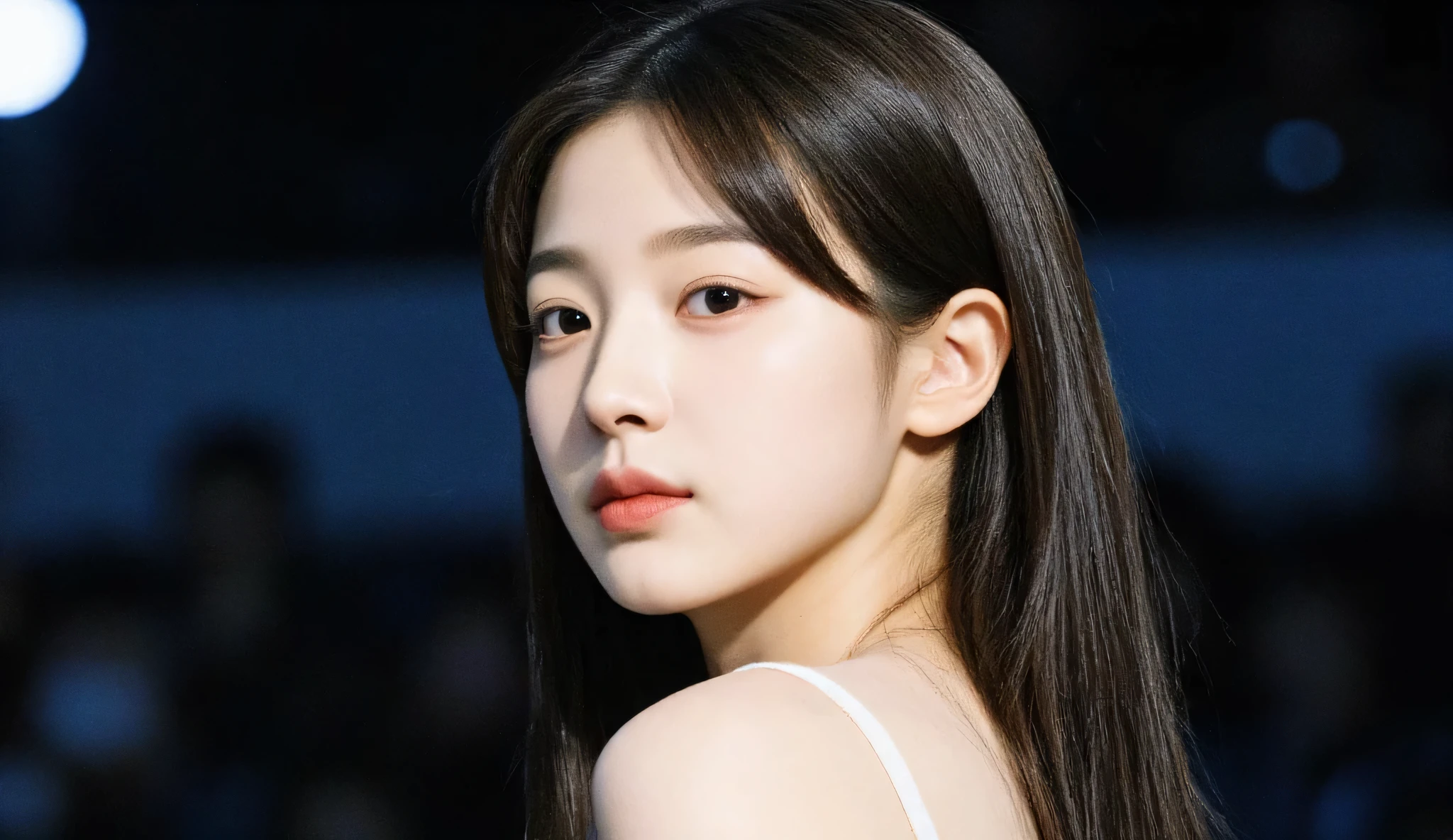 a shoulder-up candid photo of a 20-year-old Korean woman on a real concert stage, photographed with a DSLR, natural lighting, detailed skin texture, soft background blur, minimal or stage makeup, unique facial features, ultra photorealistic, not digital art, not illustration