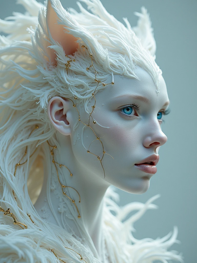 Pure Fairycore in ballerina-albino fox full body fantasy style, white ornaments, perfect lighting, ultra detailed, redshift render, zbrush, fantasy, extremely detailed and lavish, unreal engine, ultra realistic, enhanced quality, Closeup portrait of a xenomorph gigerized queen, photorealistic character design carved in marble, iridescent, ivory renaissance porcelain face, bright eyes, transparent fur, symmetry, character portrait, beautiful face, looks like jenna oetega, dramatic, volumetric, soft beige light, warm, cinematic lighting