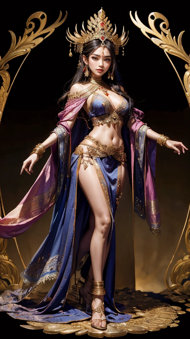 a woman in a purple and blue outfit with a necklace on her neck, handsome princess of persia, female character design, full body character portrait