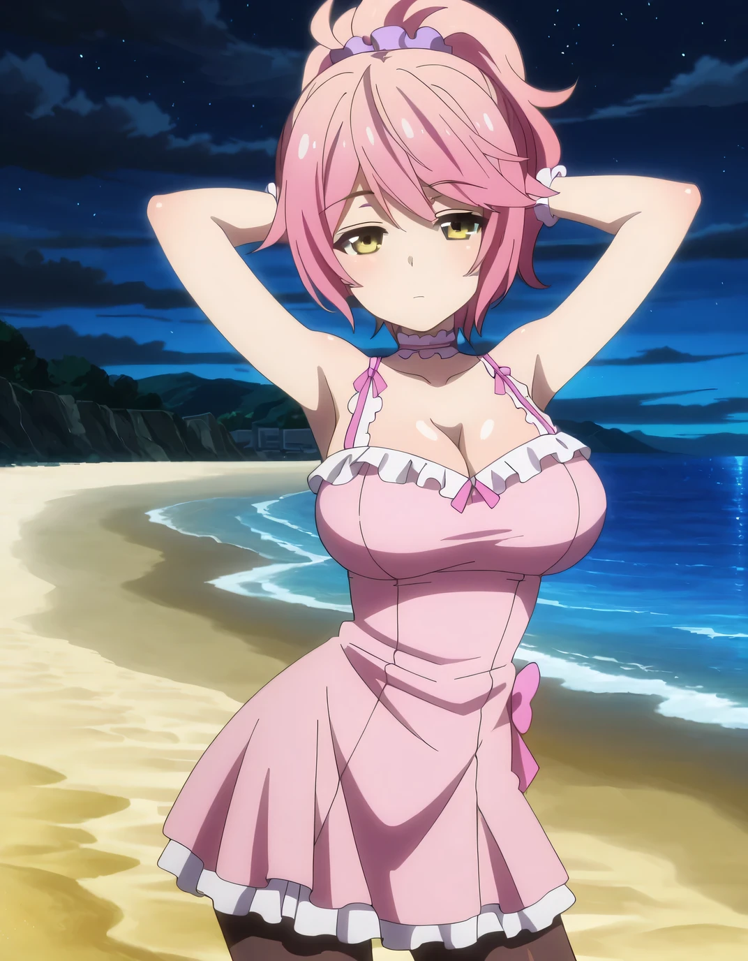 masterpiece, absurdres, looking at viewer, virgoft, maid, maid headdress, maid bikini, cuffs, blue theme, blue background, cloudy sky, sunlight, orgasmic, bikini swimsuit, large breasts, cleavage, belly button exposed, collarbone, thighs, (sea and beach),sea,