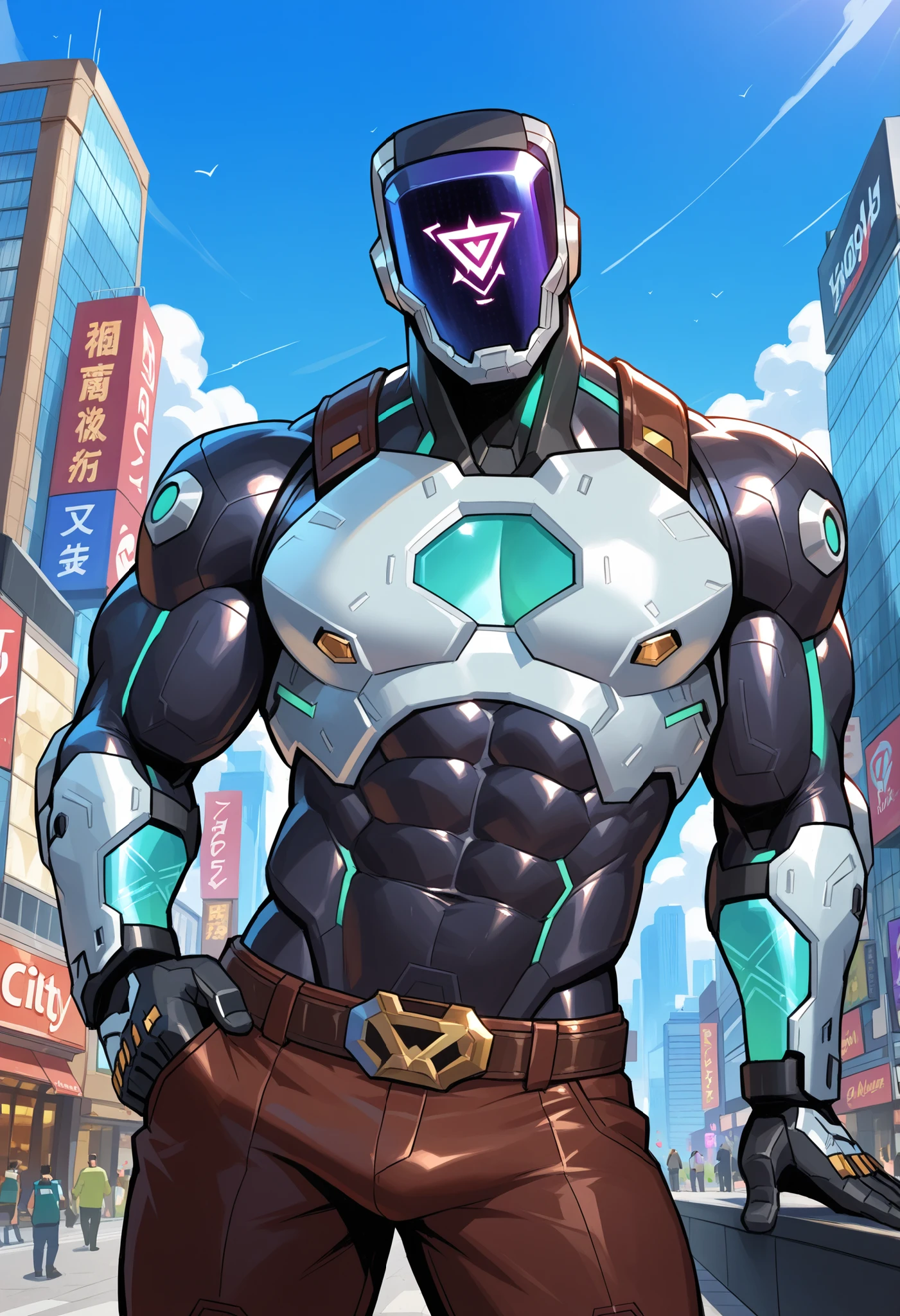 leaning, male, kayo_valorant, robot, bara, muscular, abs, pecs, biceps, attractive, handsome, seductive, alluring, inviting, sexy, (macro in miniscule city), teasing destruction