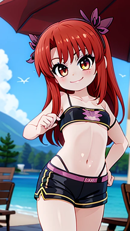 La mejor calidad, Obra maestra,1girl, Mizu,(senos medianos), (Pelo rojo), With cherry blossoms and a Japanese garden in the background, manos libres, bikini, playa,