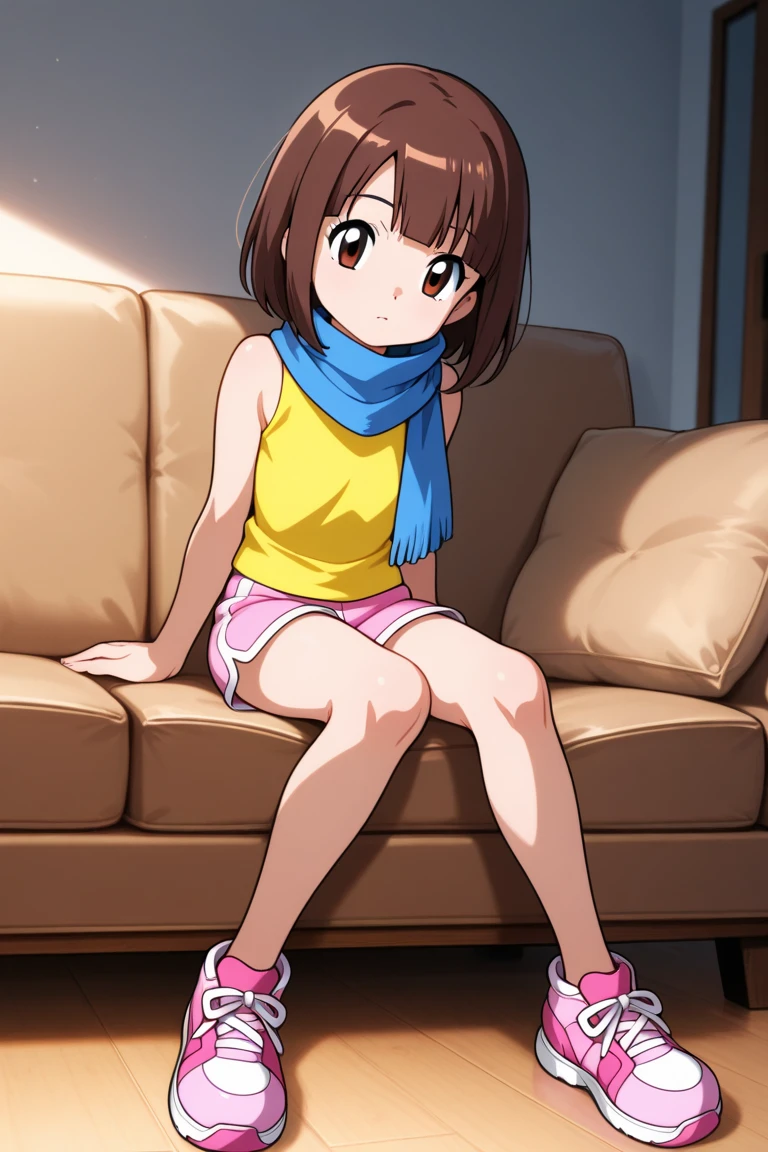 hip focus, sitting on chair, chair , Wormfs Eye View, looking away, contrapposto, dynamic pose, cinematic lighting, nighttime , Flying Carpet Zones, daytime , 
1girl, <lora:sdxl-mha-ochako:0.7> Uraraka Ochako, thick_eyebrows blush_stickers, brown_hair, brown_eyes, short_hair, sideburns, shiny hair, medium breasts, skindentation +++ smile , , transparency green camisole blue pleated plaid_skirt  pantyhose sneakers, extremely quality extremely detailed, illustration, cute anime face