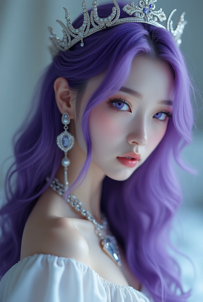 Background: Mysterious quantum environment, Cosmic elements and ethereal atmosphere,A mix of bright lights and colorful nebulae. Theme: A mysterious girl with a magical aura. She has long, Colorful wavy curls, The shiny hair stands out. His eyes are deep and expressive, Reflection Universe. She wore a flowing dress in purple and blue, With intricate details and mysterious textures. Color Palette: A combination of mysterious shades such as cosmic purple, Sky blue, Soft pink and a touch of gold. Create contrasts, Increase depth, Dark color, Such as dark purple or night blue. Aesthetics: The aesthetic combines elements of Mistycore, Known for its mysterious and ethereal atmosphere, and crystal cores, With its crystal clarity and sparkling details. The girl exudes magical energy,Her presence hangs over her,mesmerising. Covered with: Keep subtle glowing effects and glitter overlays around the girl, Covered with: Add a soft glow effect around the girl and crystal, It seems to exude magic. Also, Add small details of flash,Enhance the ethereal atmosphere.