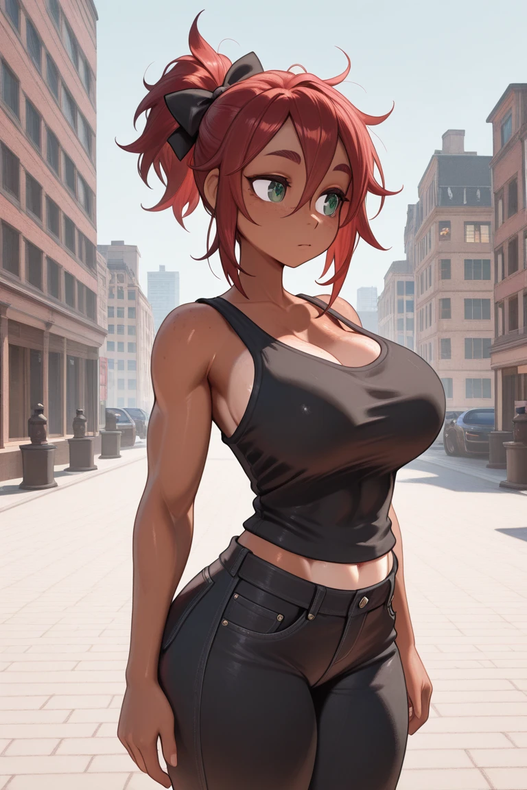 <lora:hyperbreasts_v5Lora:0.7> anime, intricate detail, amazing quality, complex background, amazing shading, sharp shadows, large breasts, short hair, messy hair, (red hair), red eyes, [muscular female], wide hips, thick thighs, (crop top, crop top overhang, black jeans, t-shirt,) choker, (covered nipples), solo, cleavage, looking at viewer, (outdoors, night, city, neon,)