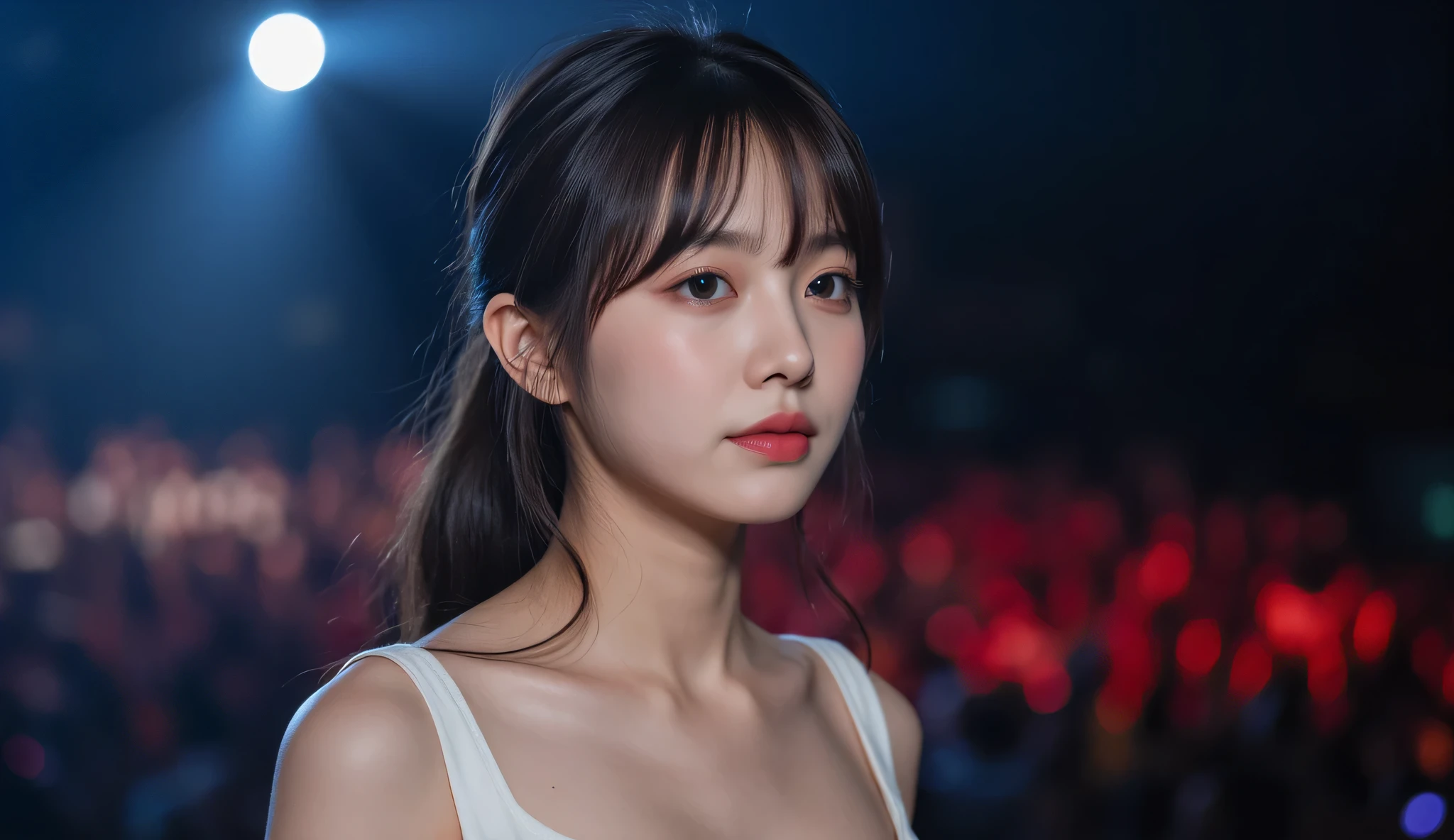 a shoulder-up candid photo of a 20-year-old Korean woman on a real concert stage, photographed with a DSLR, natural lighting, detailed skin texture, soft background blur, minimal or stage makeup, unique facial features, ultra photorealistic, not digital art, not illustration