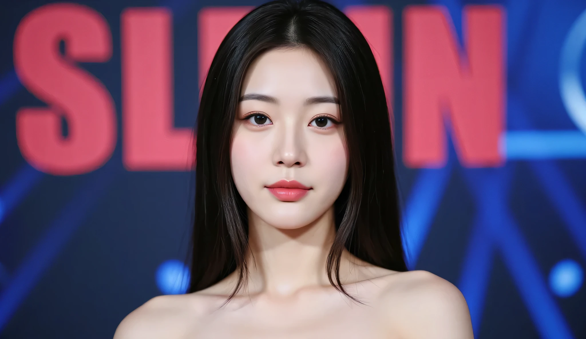 a shoulder-up candid photo of a 20-year-old Korean woman on a real concert stage, photographed with a DSLR, natural lighting, detailed skin texture, soft background blur, minimal or stage makeup, unique facial features, ultra photorealistic, not digital art, not illustration
