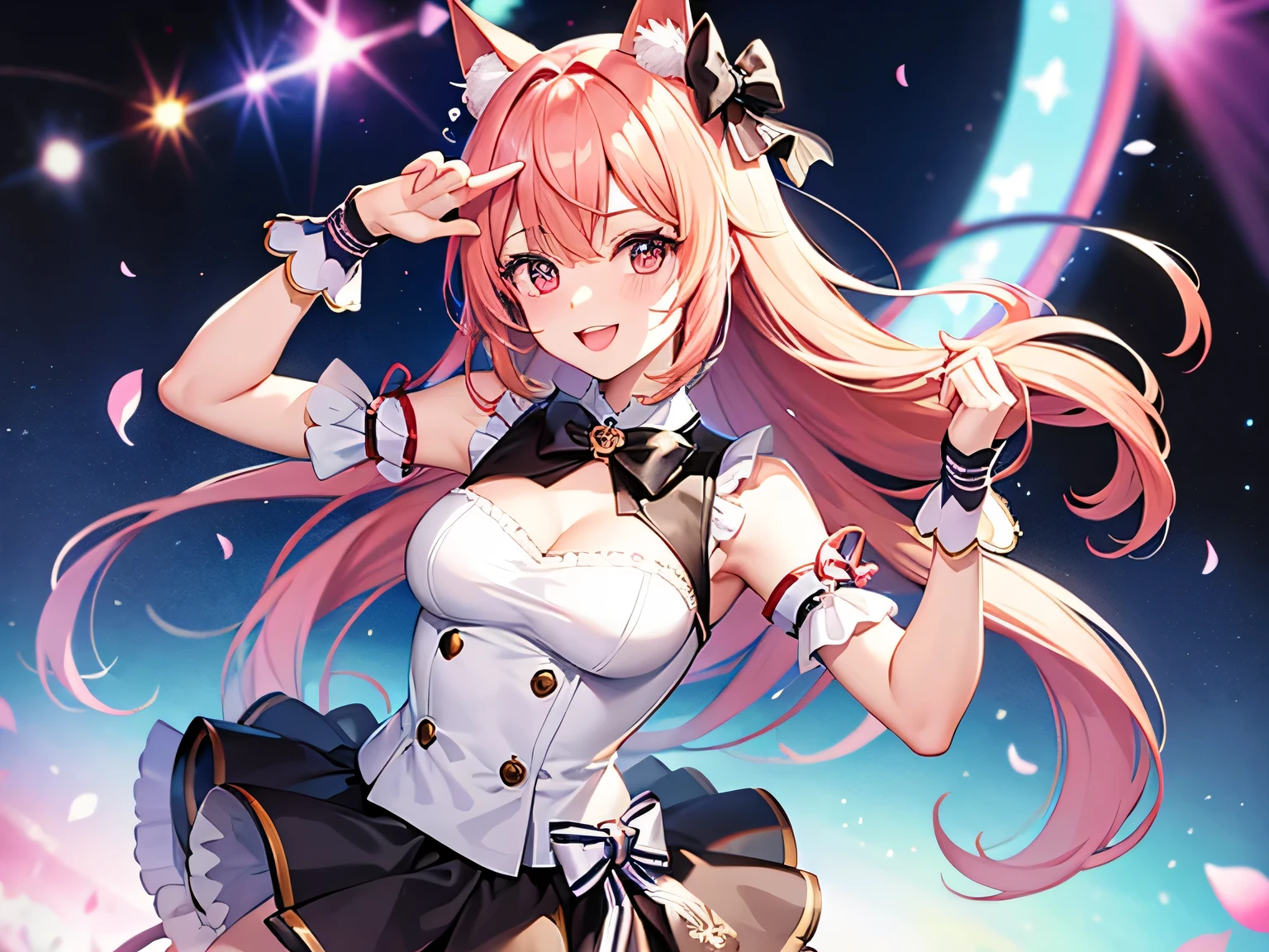 Dynamic angle, perfect human hands, ultra-detailed human fingers, upper body, one girl, smile, wolf ears, wolf tail, pink eyes, hair between eyes, (((wink)))), D cup, cleavage, striped hair, (((((Colorful hair color: 1))))), Variegated hairstyle: 1, twin tails, ultra-detailed gradient hair, idol costume, professional designer, ruffled dress, Love Live, Jewels, Standing on the Stage, Backstage, Best Stage, Climax, Professional Stage, (((Holding the microphone with your left hand and singing emotionally, overflowing emotions, best smile))), Singer, Vocalist: 1, Idol, Diva, Professional stage, Professional lighting, Live lighting, Distracting, Fan Service: 1, (Satellite photo seen from the audience))), ( ((Panchira, cute panties)))