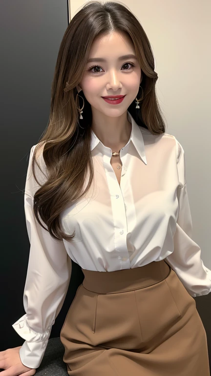 ultra - detailed、tmasterpiece、top-quality、超A high resolution、8K、high-level image quality、Live action、Photogenic clarity、A detailed eye、double eyelid，gradients、perfect anatomy body proportions ,hdd、nffsw , Nikon Z9 80mm lens 、masutepiece、Beautiful female teacher, Skirts and thighs、20yr old、Take a walk along the hallway、office clothes, Wear a luxurious silk shirt, Young and beautiful girl， perfect body figure， perfect body figure， full pov， Perfect body， （Starting below：1.3）， lewd poses，（huge tit：1.0）， long sexy legs， （thigh gap：1.5），Wide buttock，Elegant slim beige blouse, Pretty Korean girl, Kpop idol，(Pale skin), (Big eyes),（ssmile：0.8），（Plump sexy lips）， intricate detail face, ((ultra detailed skin)) Business clothes, Business attire, wearing  shirt, Merchant, Flesh-colored stockings, cream colored blouse, Wear an ultra-thin shirt, silky garment, wearing business casual dress, dressed in a suit, business outfit, formal outfit、super detailing, realistic skin textures, Detail Make, Beautiful detail eyes, Makeup - makeup、Sparkling eyes、shiny lip、high-heels、Semi-body shot、S-shaped body， Upturned buttocks，