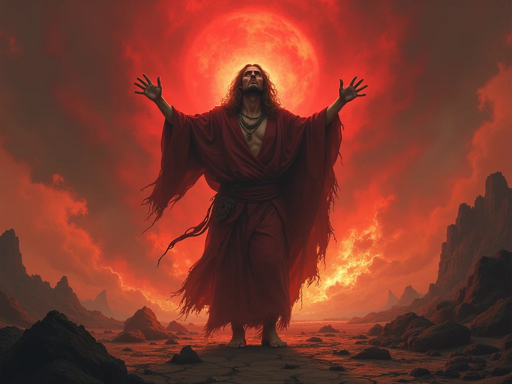 Jesus christ emaciated cult leader  wearing a robe, that collects a following of curses and demons