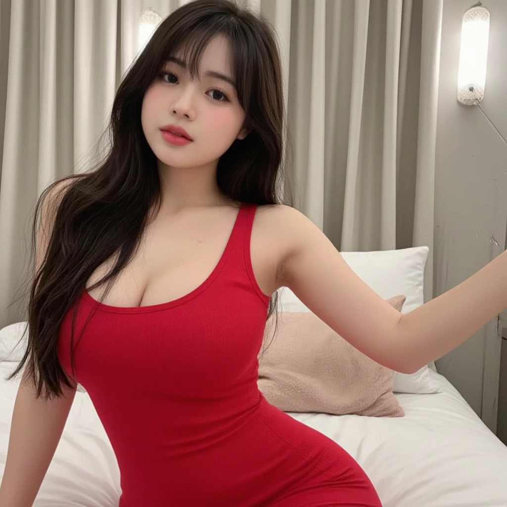 ((highest quality、8k、masterpiece:1.3))、Photorealistic, Sharp focus, high resolution, High resolution, Portraiture, alone, Japanese, Middle-aged women, Beautiful woman, 26 years old、Big Breasts、She is dressed in a red casual dress、In an apartment