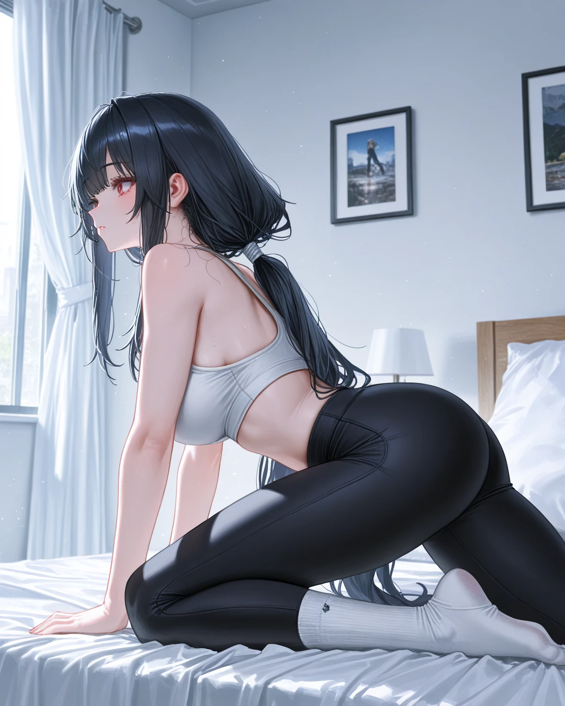 the girl is standing on her head, Realistic movements practicing handstand, Forehead, sideview, open legs wide,
wearing dark black short pants, gym uniform, high-resolution, ultra-detailed, best quality,