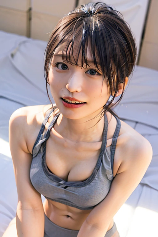 Highest quality, masterpiece, Ultra-high resolution, (Realistic:1.3), RAW Photos, (Upper Body), (18-year-old), (smile:0.9), (Glowing Skin), (short hair, Black Hair), (Ultra detailed face), (Highly detailed eyes), (Highly detailed nose), (Highly detailed mouth), (Very skilled hands), (Super-detailed body), Nikon, 85mm lens, f9.0, Pan Focus、(White tiny swimsuit),Ocean,(((A very cute face like a top Japanese idol)))、smile、Upper Body、Looking down on the viewer from above、Small breasts、sex、ass pov、pussy cum、cum on breasts、whole body