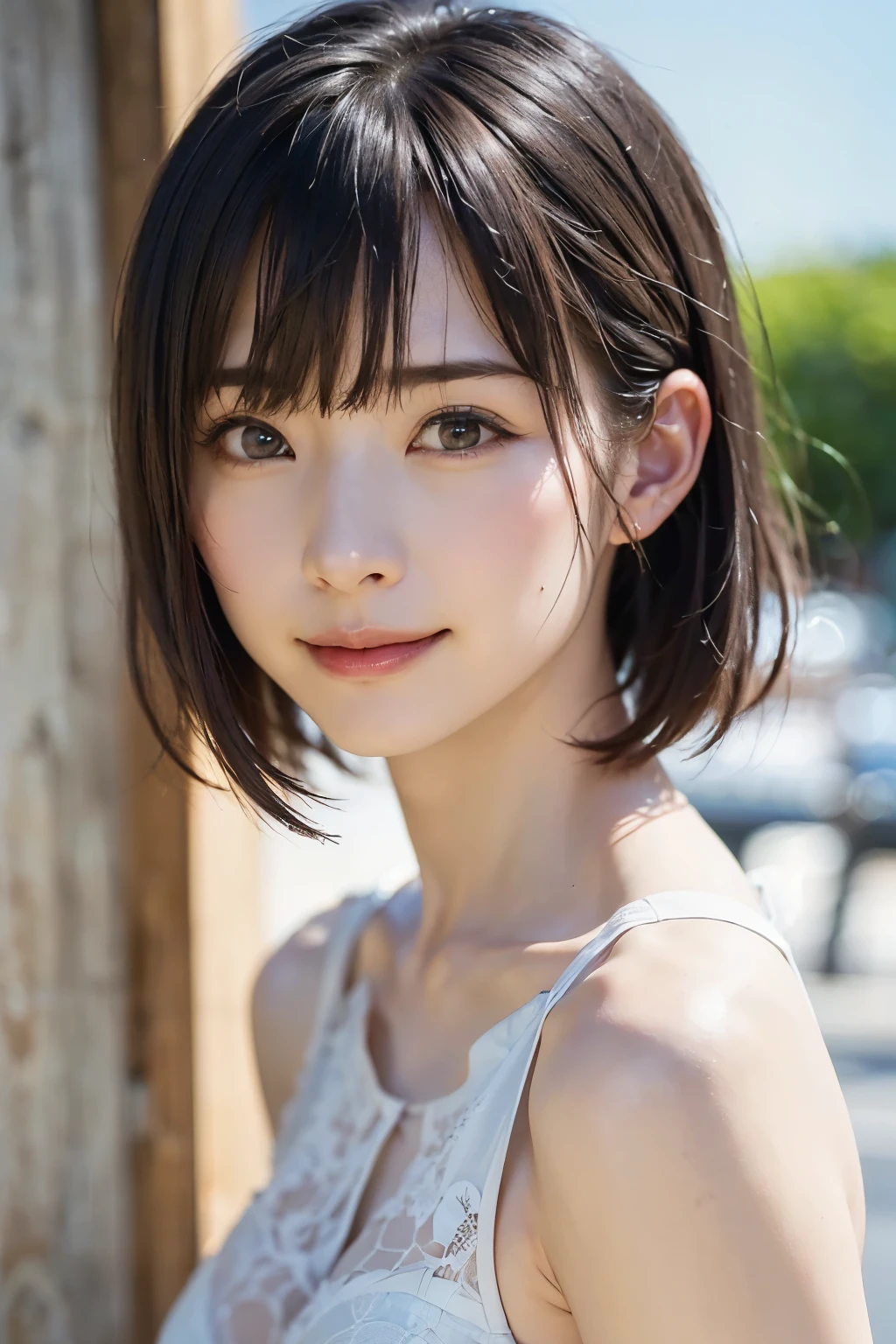 , Long blown by the wind [Blue-black:.3] hair,View Viewer,smile, (masterpiece:1.3), (8k, Realistic, RAW Photos, highest quality: 1.4), Japanese, (One girl), Beautiful Face, (Realistic Face), (black hair, short hair:1.3), beautiful hairstyle, Realistic eyes, Beautiful fine details, (Realistic Skin), Beautiful Skin, Charm, Ultra-high resolution, Ultra-realistic, Very detailed, Golden Ratio,