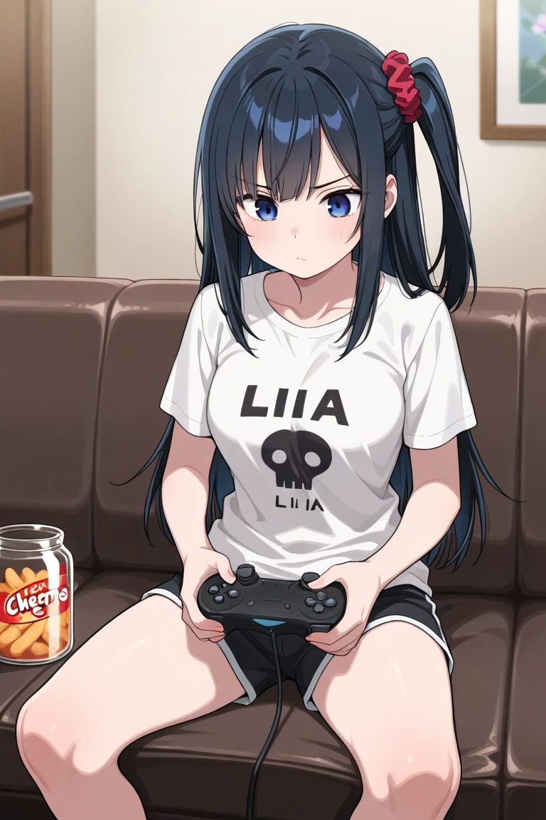 One Woman、beautiful girl、Sit on a chair、Big glasses、Dark Room、computer、Sit in a gaming chair、High-end headphones、Grip the game controller、computerに向き合う、beautiful girl, Highest quality, Tight T-shirt、Tight T-shirt、Game Geek、Thick thighs、Big 、Big Ass、Black Hair、long hair、Bangs、Sweaty body、I'm sweating all over、Lewd sound effects、Excited、Stripes々Panties、Play naughty games