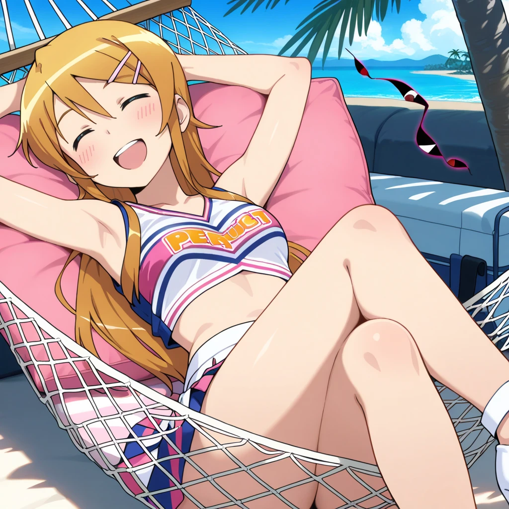 a GIRL in a white tank top on a beach chair with sunglasses on, 1girl, swimsuit, bikini, tan, tanlines, solo, blush, micro bikini, , navel, lying, on back, one-piece tan, arm up, blonde hair, armpits, spread legs, sweat, red eyes, looking at viewer, closed mouth,Ichigo Hoshimiya (Aikatsu!),sitting, squating, looking down, look at the  viewer, from below
