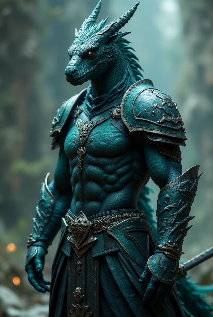 Dark-skinned boy with a human body and dragon characteristics With a white katana