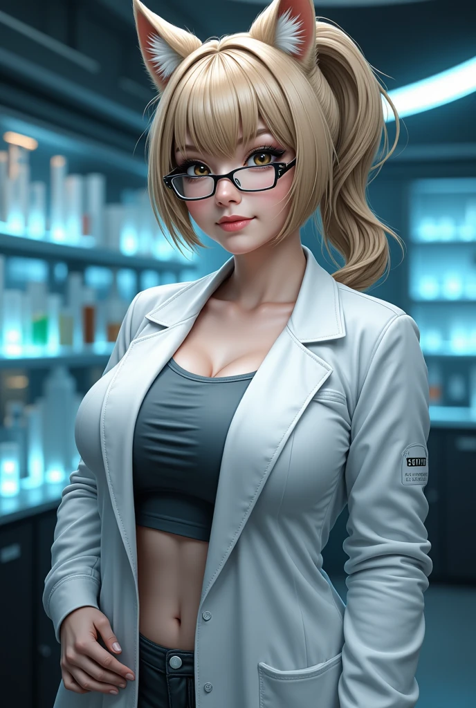 (masterpiece, best quality:1.4), (beautiful, aesthetic, perfect, delicate, intricate:1.2), (cute, adorable), (depth of field:1.2), dim lighting, sci-fi, vivid colors, colorful, sexy looking, perfect female form, (perfect face, glossy pink lips, expressive eyes, eyeliner, eyeshadow, blush), long blonde wavy hair, (huge natural breasts, narrow waists), (effortlessly beautiful scientist), (white lab coat), pencil skirt, cleavage, (inside advanced research laboratory, machines), (cowboy shot),