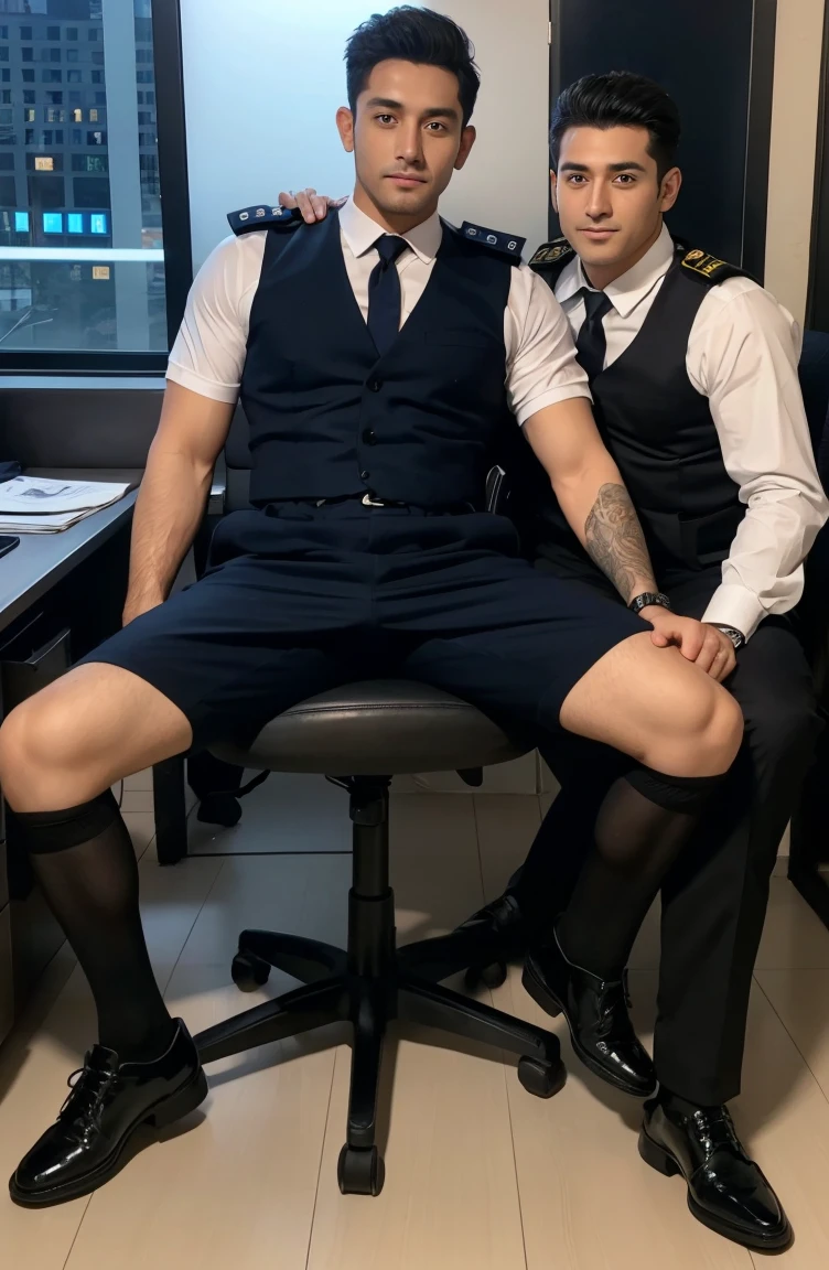 Chinese man, big brother, inch head, bald head, muscle masterpiece, air brother, fat and strong, uniform temptation, shorts, smile, uncle, thick legs, fat buttocks, leg hair, socks, inch head, on the plane seat, robust, man,