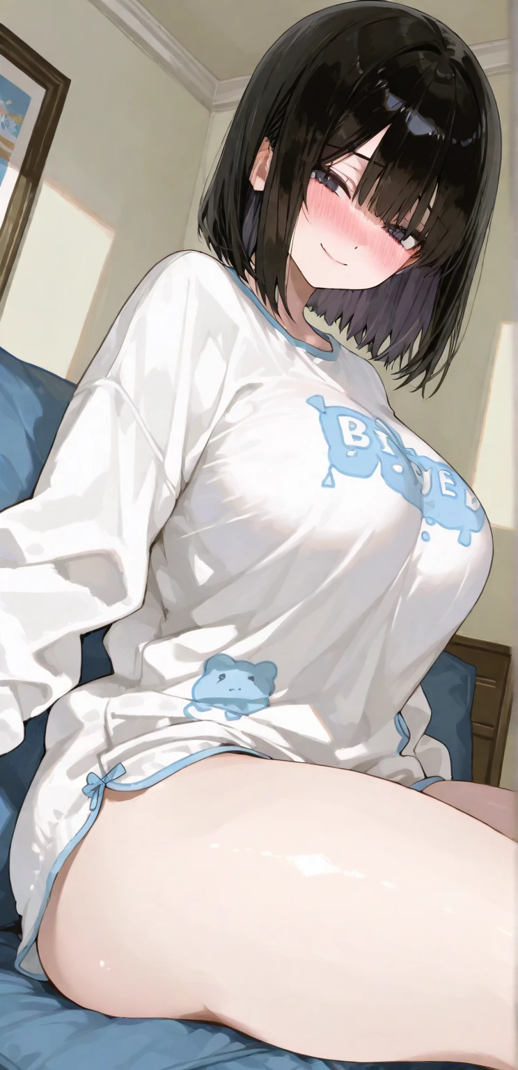1girl, 独奏, medium breasts, dark skinned girl:1.2, ,(dark skin:1.8), black hair, short hair, pixie cut, wavy hair, (((open eyes))),  wake up yawn, open mouth, covering mouth, pijamas, (white pajamas), window, morning, looking at viewer, sitting, seiza, waking up, on bed, full body,  ((ultra detailed, masterpiece, best quality, 8K)),(Urine-stained futon,Pee-stained futon,Steam from crotch,Hospital room,Urine vapor),((Open your eyes)),huge breasts,((片Open your eyes,Open only one eye,Surprised face)),cheek,(6yo)