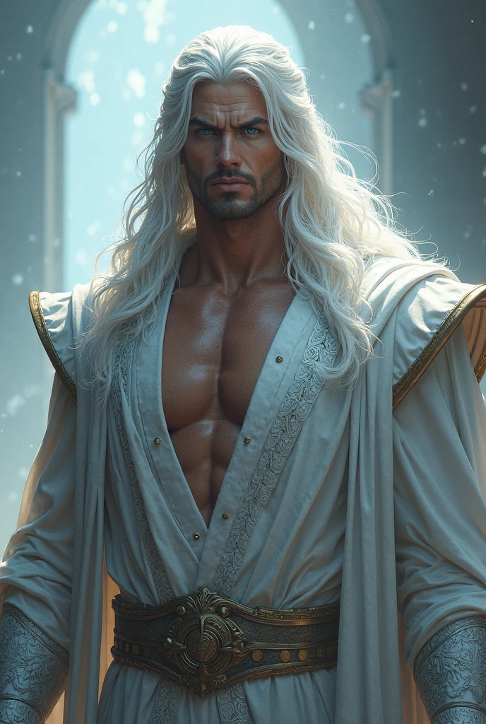 a young man in his twanties, he is from fantasy world, his is king in air kingdom, he has silver deep eyes, he is tall and skinny but very athletic, he has long silver hair and beautifal face, his eyes pop out, he is real king, he has baby face but his face is magnetic