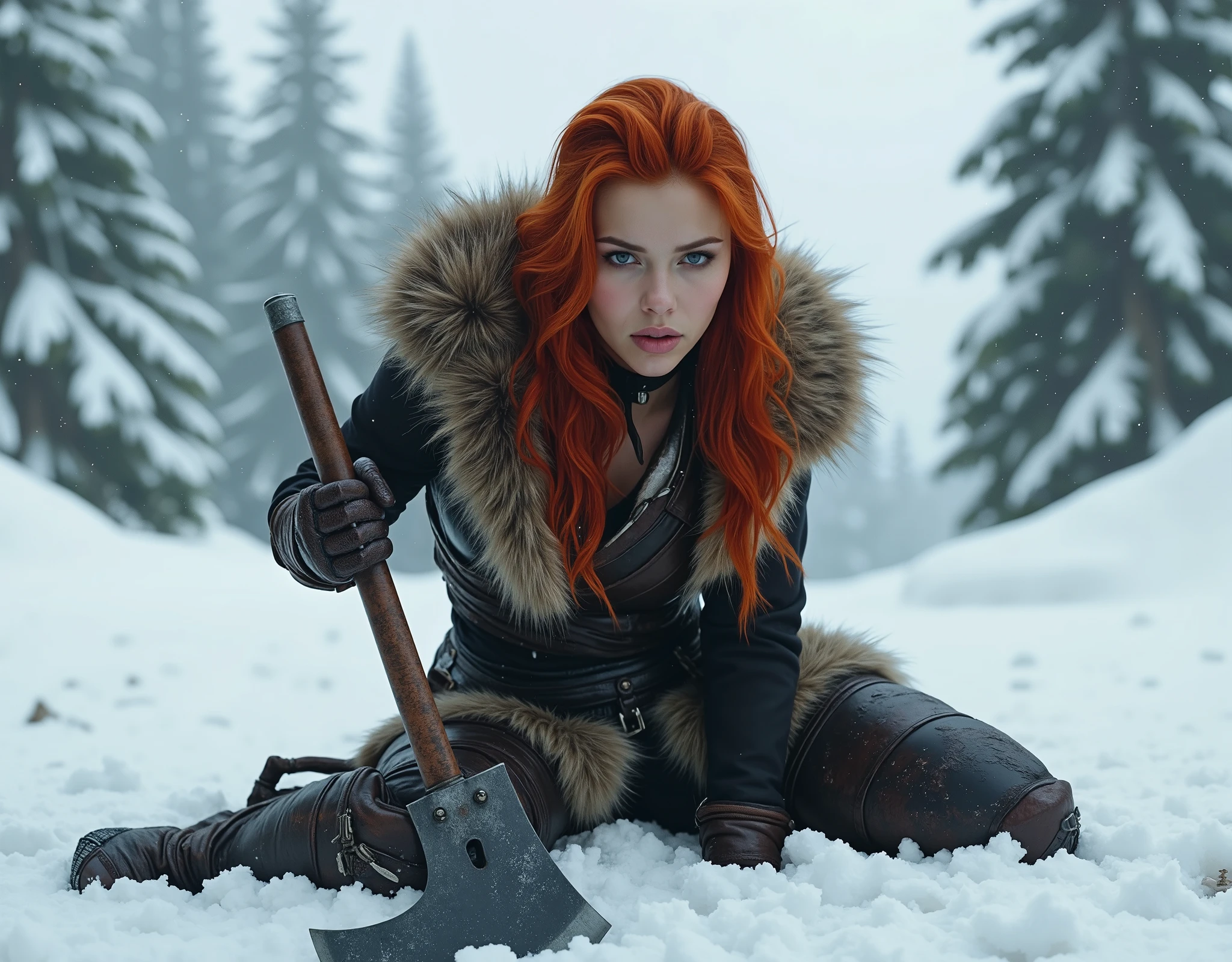 araffe woman 17 yo in cosplay sitting in the snow with a axe, very beautiful female barbarian, a very beautiful berserker woman, female barbarian, redhead queen in heavy red armor, amouranth, barbarian warrior woman, amouranth as a super villain, red haired goddess, portrait of a barbarian female, кожанные перчатки на руках,Scarlett Johansson