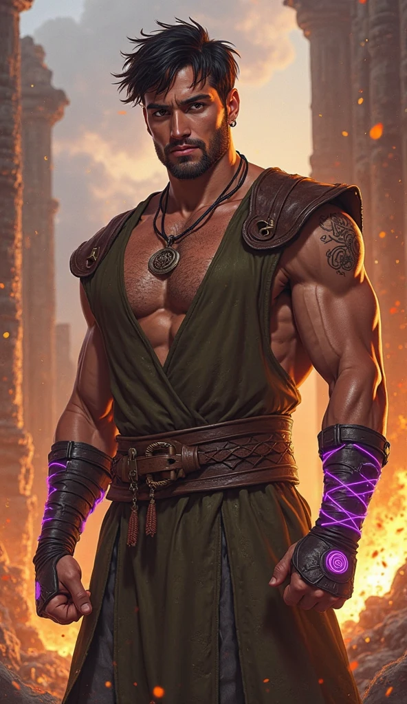 (((solo))), lean, buzzcut, huge beard, tunic, partial nudity, three-quarter view,straight on tattoo, futuristic spaceship interior, glow, neon, rain, tribal decoration, detailed, intricate details, modern, good anatomy, smile, serene