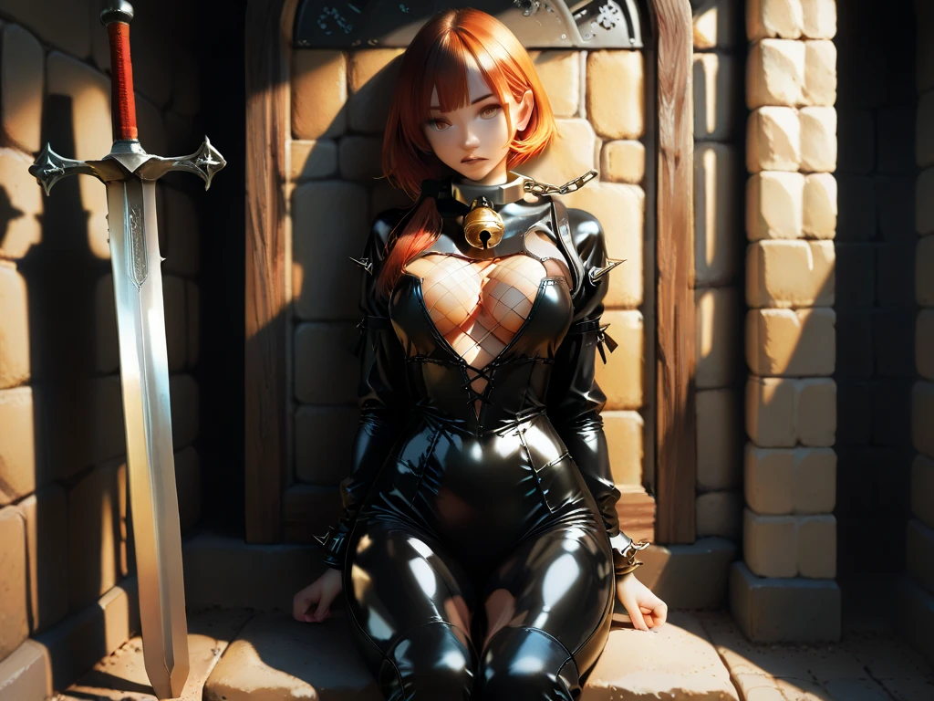 ((1young girl)), (best quality), (ultra-detailed), illustration, (detailed light), (an extremely delicate and beautiful), red hair, short bob, brown eyes, (regrettale:1.3), black sexy armor, (hands restrained behind back by red rope, back shot from above), ((lie on own breast, stick out butt)), (Beautiful large breasts:1.3), best quality, extremely detailed CG unified 8k wallpaper, High-definition raw color photos, professional photography, (((Bokeh))), Inside the room of mountain hut,