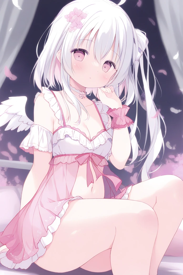 Ribbon on chest、Angel、White hair in twin tails、Pink Eyes、Frills、Cute Costumes、Angelの羽、