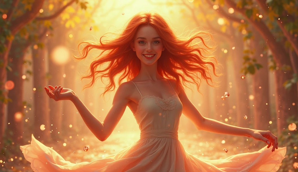 NijiEX style, Pro photography, shot from a side, cute shy teenager girl, gracefully dancing in enchanted autumn-forest, sunset rays, smiling, she has messy long orange hair with extra long fake eyelashes, freckles, natural makeup, wearing fur-outfit, (deep-blue eyes), fur-bracers,
many fallen leaves on the ground, hyperrealistic, photorealistic, intricate-details, octane render, unreal-engine-5, 8k, uhd, backlight style, HairDetail-SDXL, <lora:EnvyStarlightGolden_v10:1> <lora:backlight style:1>