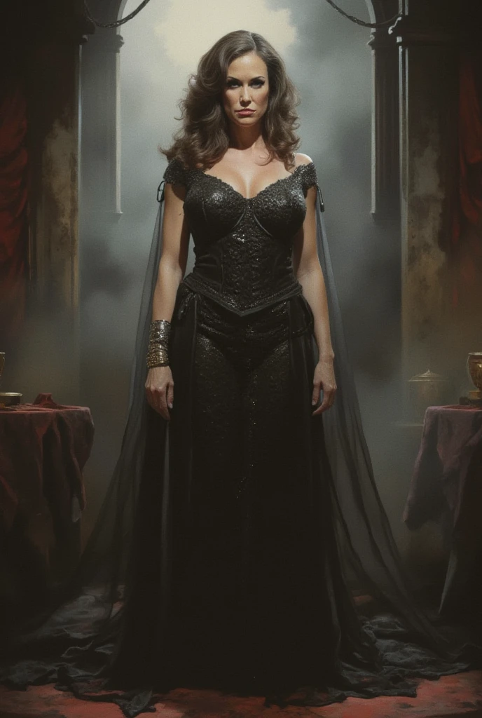 A high quality 1940s fantasy movie still, (black and white) monochrome, with heavy film grain.  (full body photo). Soft, dramatic lighting.  A seductive evil ((45 year old)) (Jewish woman), straight hair, queen, revealing outfit, large chest, ((plunging neckline)), wearing small ruby tiara, Large nose, wide chin, with broad shoulders, (thick body), wide hips, tan skin, long flowing open cape. Set in open fantasy (throne room), with a view to outside, beautiful masonry of an ancient elven castle. Soft warm candlelight. High Resolution, Very Long Hair, Large breasts, 