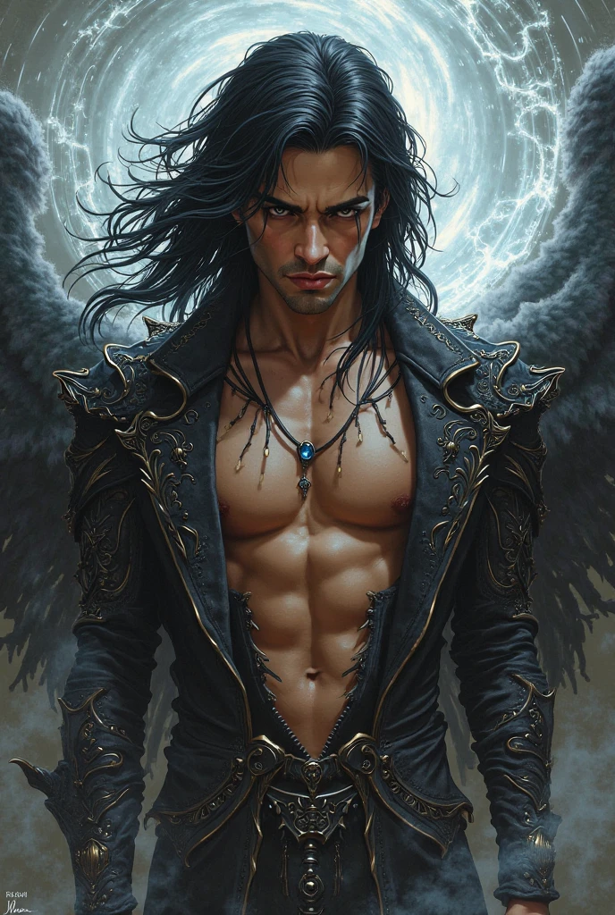Messenger of hell,a man with horns,and black wings,and long hair,walking towards the viewer,extremely detailed,cinematic,moonlight,wearing a skull necklace.
