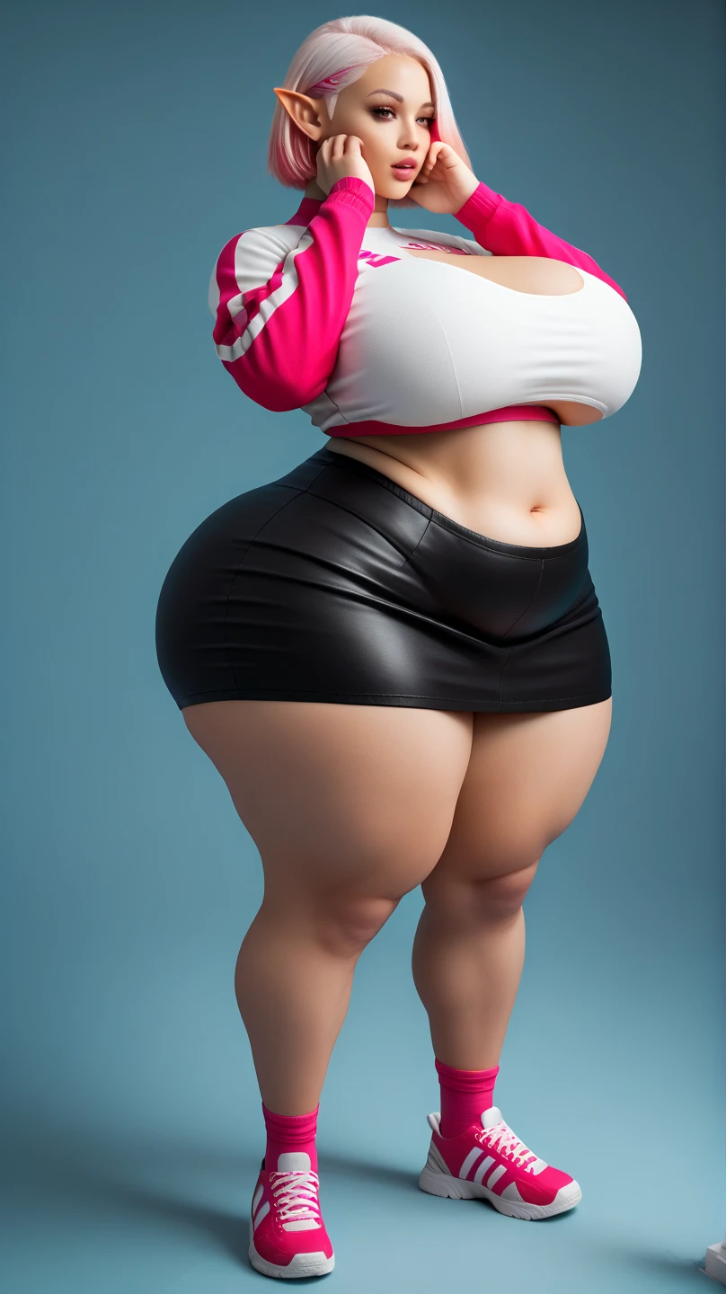 Arab Woman in street, curvy body, very detail ,wide hips, loong legs ,thick high, full body in camera, wearing strap wedges, Wearing a very short red hoodie and very short white lycra shorts